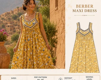 Berber Boho Maxi Dress PDF Sewing Pattern | Floral Summer Dress | A4 & A0 Printable | XS-XXL | Instant Download | Women's Sewing Pattern