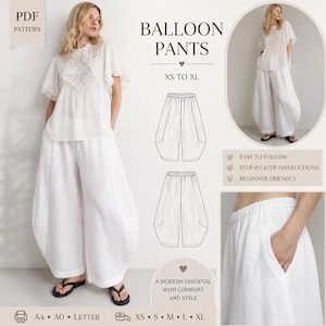 May include: A woman in a white blouse and balloon pants. The image features a PDF pattern for the trousers, with the text "BALLOON PANTS" and sizes "XS TO XL". Additional text reads "A MODERN ESSENTIAL WITH COMFORT AND STYLE".