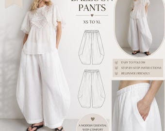 Cartamodello PDF per pantaloni a palloncino Lina, pantaloni harem a gamba larga, pantaloni con elastico in vita, formato PDF A0-A4, download immediato - Nessuna istruzione di cucito