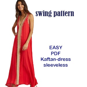 Peut inclure: Patron de couture pour une robe kaftan rouge sans manches avec des bordures dorées. Le patron est intitulé "swing pattern" et "easy PDF kaftan-dress sleeveless".