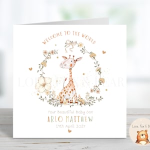 Neue Baby Jungen Karte - Personalisiert - Baby Giraffe - Neuankömmling - Baby Boy