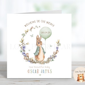 Neue Babykarte - Personalisiert - Neugeborenes Baby, Sohn, Enkel, Neffe, Peter Rabbit - Grün