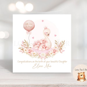 Schwan New Baby Girl Card - personalisiert, Neugeborenen Karte, Tochter, Enkelin, Nichte, Babygeschenk