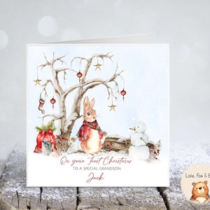 Peter Rabbit Kerstkaart - Eerste Kerstmis - Zoon Dochter Kleindochter Kleinzoon - Gepersonaliseerd