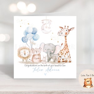 Nieuwe babyjongenkaart - gepersonaliseerd - babydieren - nieuwe collectie, jungledieren - babyjongens - babycadeau