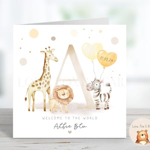 Nieuwe babykaart - babydieren, gepersonaliseerde pasgeboren baby, eerste kaart, zoon dochter kleindochter kleinzoon