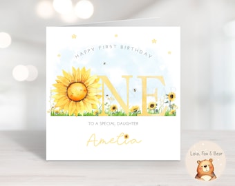 Cartão de primeiro aniversário para meninas - Design de girassol, primeiro aniversário, menina, filha, neta, sobrinha, afilhada