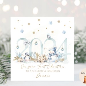 Baby's First Christmas 2024 Card - Blauw - Gepersonaliseerd - Baby Boy Kleinzoon Zoon Neefje