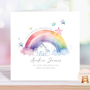 Biglietto di battesimo – Chiesa arcobaleno – Figlio, figlia, nipote, nipote – Personalizzato