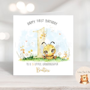 Carte de premier anniversaire - fille, petite-fille - abeille mignonne - personnalisée, petite abeille