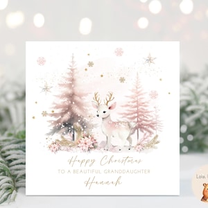 Mädchen Weihnachtskarte - Pink Deer, Woodland - Personalisiert - Baby Girl - Enkelin Tochter Nichte