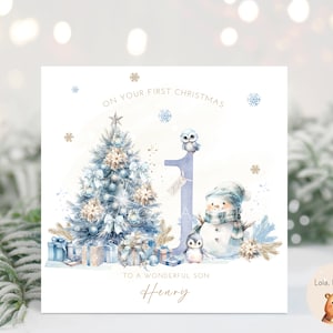 Baby's First Christmas Card 2024 - Blauw - Gepersonaliseerd - Baby Boy Kleinzoon Zoon Neefje
