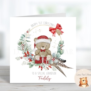 Petit ours premier Noël carte - fils petit-fils neveu - personnalisée - bébé ours - ours en peluche - 1er Noël