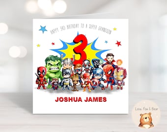Carte d'anniversaire super-héros - fils, petit-fils, neveu - personnalisée - tout âge ou relation