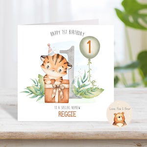 Cartão de primeiro aniversário - Animais da selva tigre - Filho Neto Filha Neta - Idade 1-9 disponível