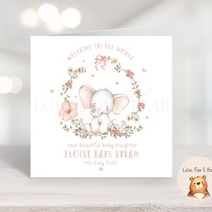 Carte pour bébé - Personnalisée - Éléphanteau - Nouveauté - Bébés filles, carte pour nouveau-né.