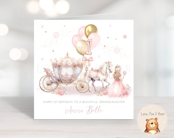 Może przedstawiać: Różowa i złota kartka urodzinowa z księżniczką, karetą i balonami. Na kartce napisano "Happy 1st Birthday to a beautiful granddaughter, Aurora Belle".