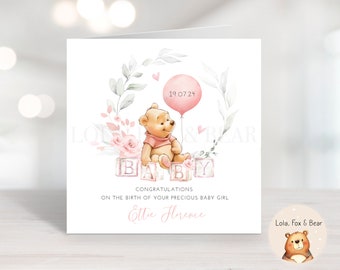 Winnie the Pooh New Baby Girl Card – Personalised Arrival