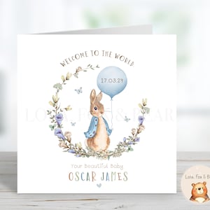 Nieuwe babykaart - gepersonaliseerd - pasgeboren baby, zoon, kleinzoon, neef, Peter Rabbit - blauw