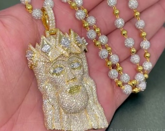 Real Moissanite Jesus Face Pendant, Hip Hop Ball Necklace, Iced Out Jewelry Set, Birthday Gift For Him, 14k Yellow Gold Over, Gift Fo