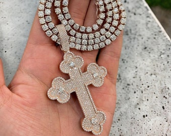 Men&#39;s Iced Out Cross Pendant, Real Moissanite Cross and Tennis Chain. Hip Hop Jewelry Set for Him, 14k Rose Gold Finish, Gift For someone