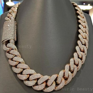 Męski łańcuszek z ogniwami kubańskimi Miami Iced Out 16 mm, prawdziwy męski naszyjnik z Moissanite, łańcuszek hip-hopowy z ogniwami kubańskimi, srebro 925, 14-karatowe różowe złoto, podaruj mu
