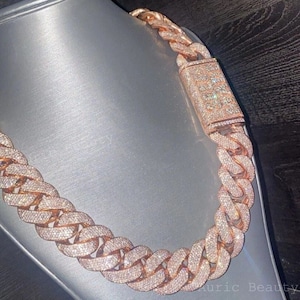 16 mm Iced Out Monaco Cuban Link Chain, VVS Moissanite Diamond Men Necklace, Customize Claps Letter, Hip Hop Miami Necklace, 14k Rose Gold FN