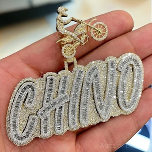 Pingente de carta de baguete gelado, pingente de nome de moissanite real, carta de hip hop, fiança personalizada, pingente de camada dupla, ouro amarelo 14K, presente