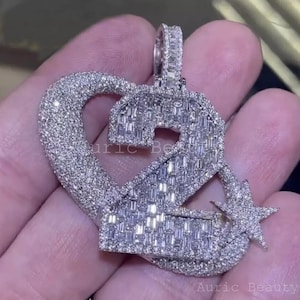 Pingente de número personalizado gelado, pingente com logotipo de moissanite real para homens, presente de aniversário, pingente de estrela, acabamento em ouro branco 14k
