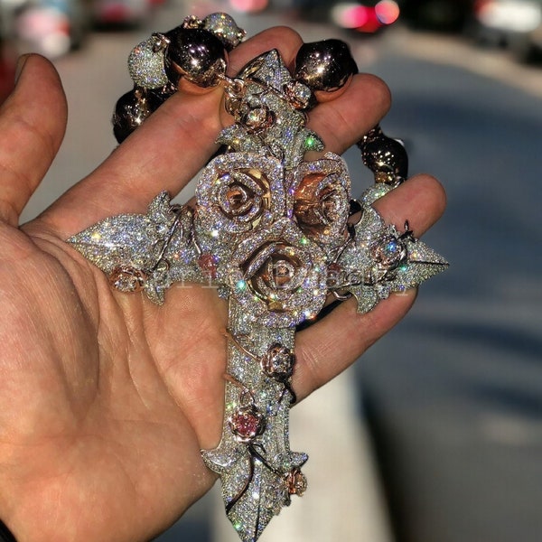 Moissanite Iced Out Cross Pendant: 925 Sterling Silver Flower Design