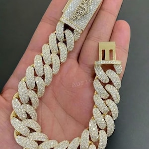 Pulsera de diamantes de moissanita real de 16 mm, pulsera helada para hombres, pulsera de hip hop, acabado en oro amarillo de 14 k, plata de ley 925, regalo para él