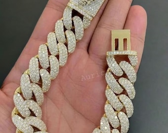 16MM Real Moissanite Diamond Bracelet, Iced Out Bracelet For Men, Hip Hop Bracelet, 14k Yellow Gold Finish, 925 Sterling Silver, Gift Him