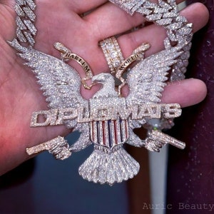 3D Iced Out Eagle Pendant, Real Moissanite Letter Pendant, Self Logo Pendant, Hip Hop Men Pendant, 925 Silver, 14K 2 Tone Gold Finish, Gift