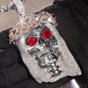 3D-dödskalleansikte Jesus-hänge: Moissanit sterlingsilver hiphop-smycken