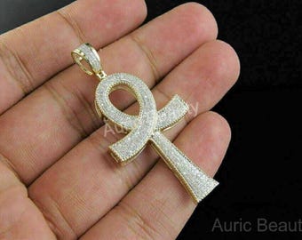 Unisex Iced Out Cross Pendant, Real Moissanite Ankh Cross Pendant, 925 Sterling Silver Cross, Hip Hop Cross, 14K Yellow Gold Finish, Gift