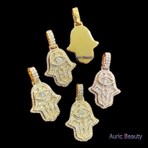 Colar de mão Hamsa, colar de diamante Moissanite real, pingente de mau-olhado personalizado, pingente religioso, pingente Icedout, ouro 14k sobre prata 925