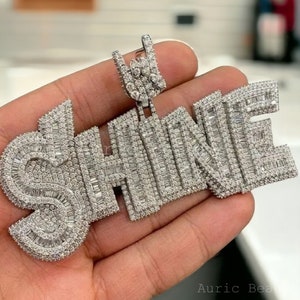 Pingente de carta personalizado gelado, pingente de baguete de moissanite real, fiança personalizada, prata esterlina 925, ouro branco 14k, pingente de festa