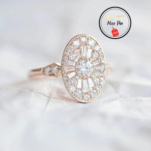 Art Deco Oval Moissanite Flower Ring, Sterling Silver Rose Gold Finish