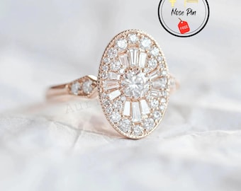 Art Deco Oval Moissanite Flower Ring, Sterling Silver Rose Gold Finish