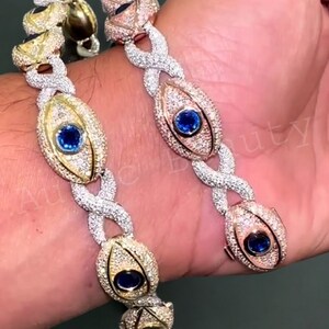 Bransoletka męska VVS Real Moissanite, bransoletka Evil Eye, bransoletka Infinity, bransoletka hip-hopowa, srebro 925, wykończenie w 14-karatowym złocie 2-tonowym, prezent urodzinowy