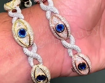 VVS Real Moissanite Men Bracelet, Evil Eye Bracelet, Infinity Bracelet, Hip Hop Bracelet, 925 Silver, 14k 2 Tone Gold Finish, Birthday Gift