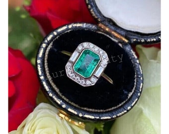 3CT Emerald - Baguettes & Diamond Ring for Women, Art Deco Birth Stone Ring, Anniversary Gift, Wedding Band Ring, 14k White Gold Over 925