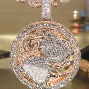 Pingente de ampulheta 3D Iced Out Men, pingente circular de moissanita genuína, pingente de hip hop, design personalizado, prata 925, acabamento em ouro rosa 14K, presente