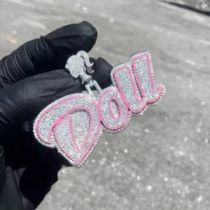 Unisex Doll Letter Pendant, Real Moissanite Custom Iced Out Letter Pendant, Custom Bail, Pink Enamel, Women&#39;s Pendant, 14k White Gold Finish