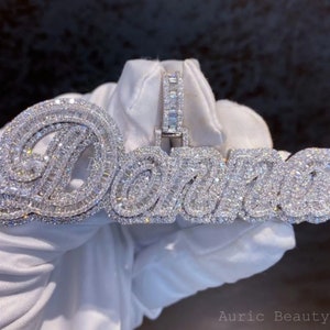 Pingente de letra de fonte cursiva, pingente de nome de baguete de moissanite real, pingente masculino de hip hop, camada dupla, prata 925, ouro branco 14k, presente