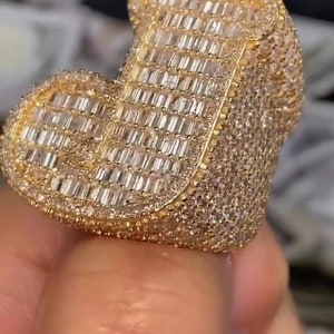 Anel de letra baguete inicial, anel de alfabeto personalizado de moissanite real, anel de rapper, presente de aniversário para ele, acabamento em ouro amarelo 14K, prata 925