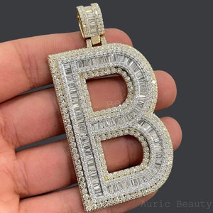 Colgante de letra inicial B personalizado, encanto de diamante baguette moissanita, oro amarillo de 14 k, alfabeto, colgante de letra personalizado para regalo de hombres