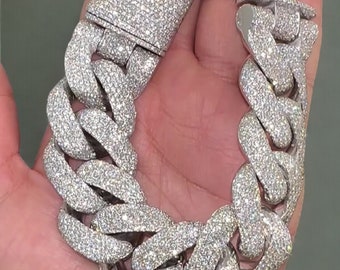 25mm Iced Out Cuban Link Bracelet, VVS Moissanite Diamond Men Bracelet, 925 Sterling Silver, Hip Hop Miami Necklace, 14k White Gold Finish