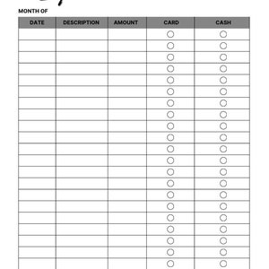 May include: A black and white printable spending tracker with the title "Spending Tracker" and columns for date, description, amount, card, and cash. The card and cash columns have checkboxes for each row.