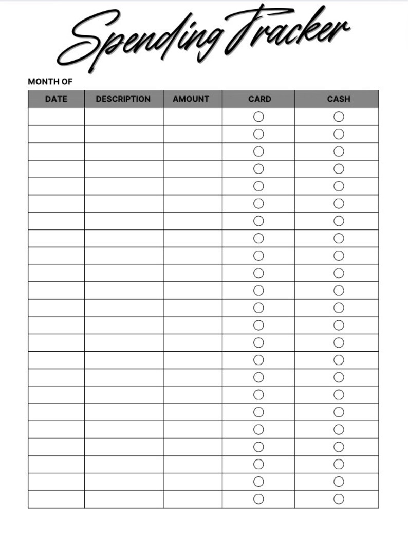 May include: A black and white printable spending tracker with the title "Spending Tracker" and columns for date, description, amount, card, and cash. The card and cash columns have checkboxes for each row.